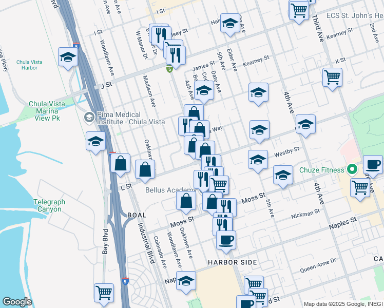 map of restaurants, bars, coffee shops, grocery stores, and more near 869 Riverlawn Avenue in Chula Vista
