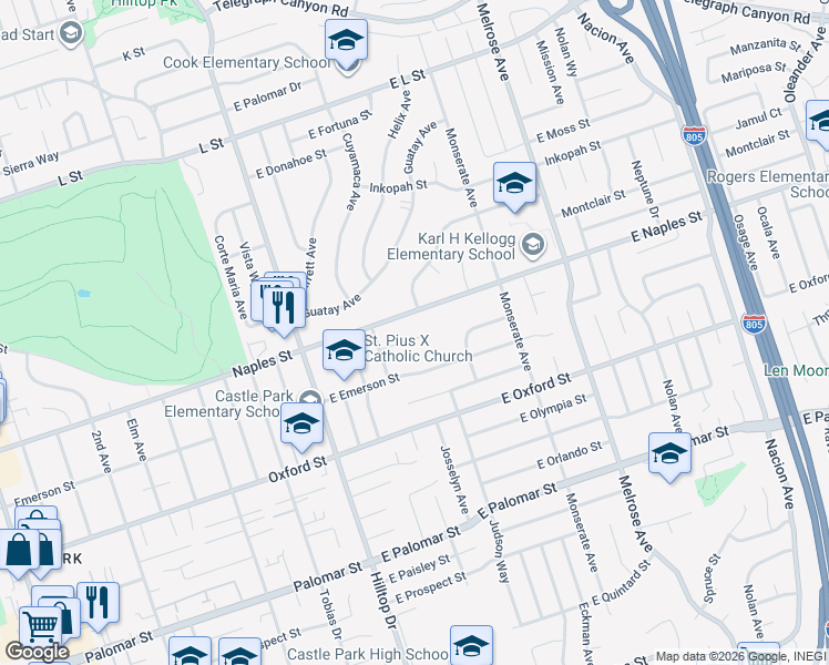 map of restaurants, bars, coffee shops, grocery stores, and more near 91 Leanna Street in Chula Vista
