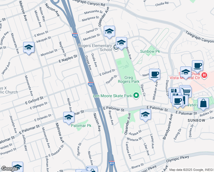 map of restaurants, bars, coffee shops, grocery stores, and more near 1241 Raven Avenue in Chula Vista