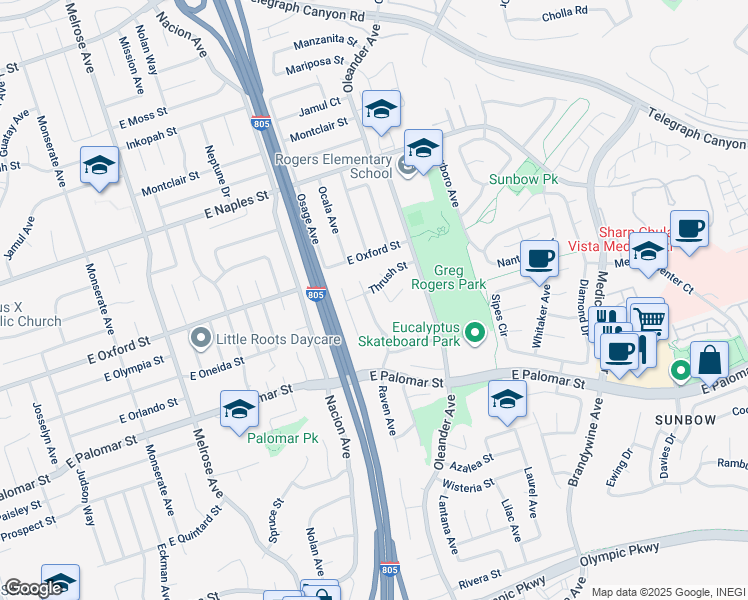 map of restaurants, bars, coffee shops, grocery stores, and more near 1241 Raven Avenue in Chula Vista
