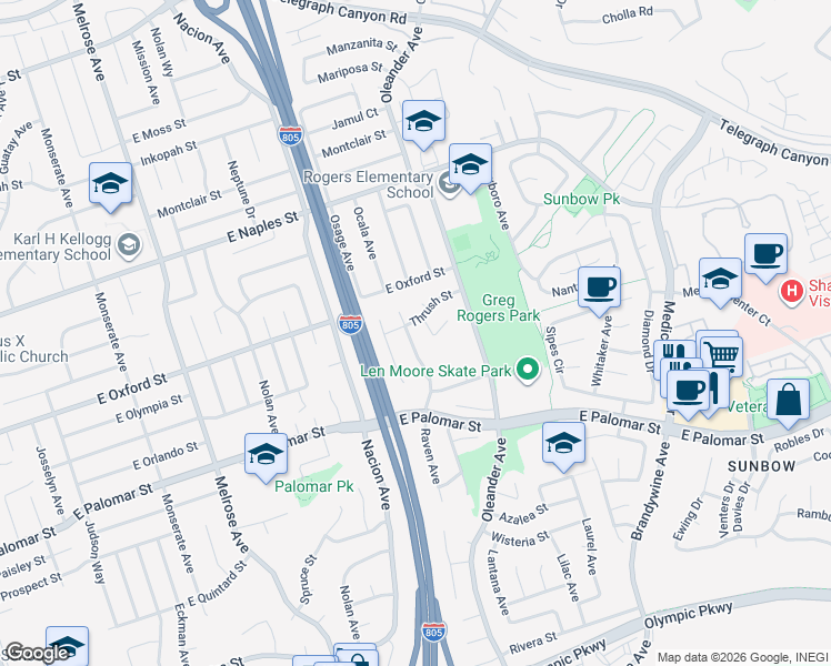 map of restaurants, bars, coffee shops, grocery stores, and more near 1241 Raven Avenue in Chula Vista