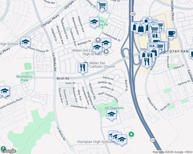 map of restaurants, bars, coffee shops, grocery stores, and more near 1731 Perrin Place in Chula Vista