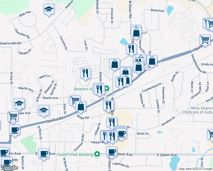 map of restaurants, bars, coffee shops, grocery stores, and more near 555 North Dean Road in Auburn