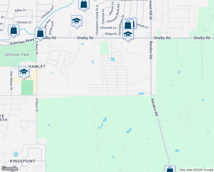 map of restaurants, bars, coffee shops, grocery stores, and more near 3962 Rendon Road in Fort Worth