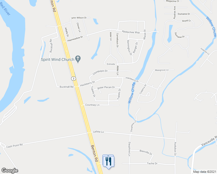 map of restaurants, bars, coffee shops, grocery stores, and more near 620 Bitter Pecan Drive in Bossier City