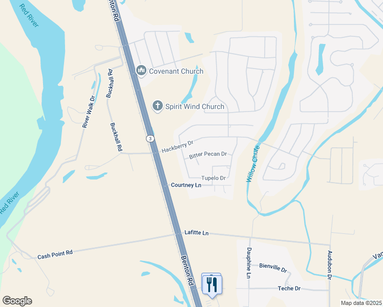 map of restaurants, bars, coffee shops, grocery stores, and more near 605 Bitter Pecan Drive in Bossier City