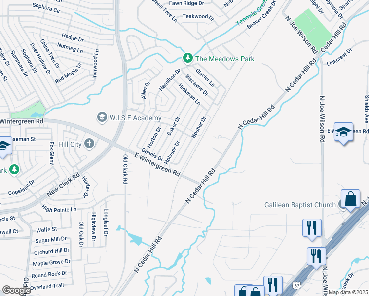 map of restaurants, bars, coffee shops, grocery stores, and more near 1413 Bosher Drive in Cedar Hill
