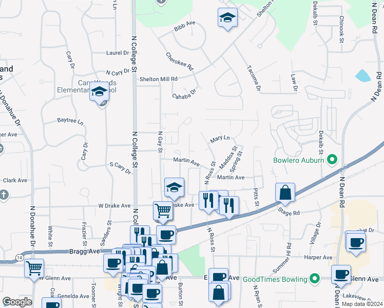 map of restaurants, bars, coffee shops, grocery stores, and more near 630 Center Place in Auburn