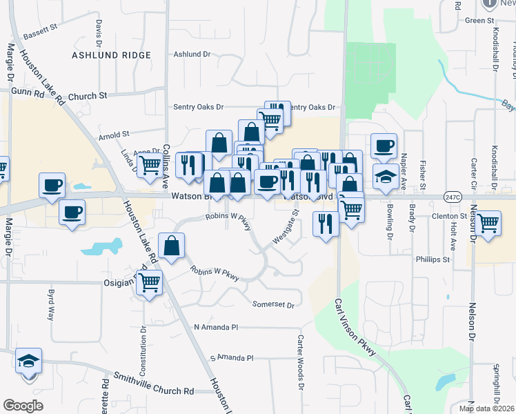 map of restaurants, bars, coffee shops, grocery stores, and more near 2731 Watson Boulevard in Warner Robins