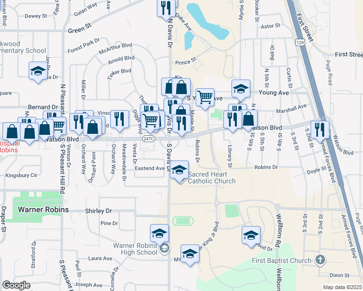 map of restaurants, bars, coffee shops, grocery stores, and more near 951 Watson Boulevard in Warner Robins