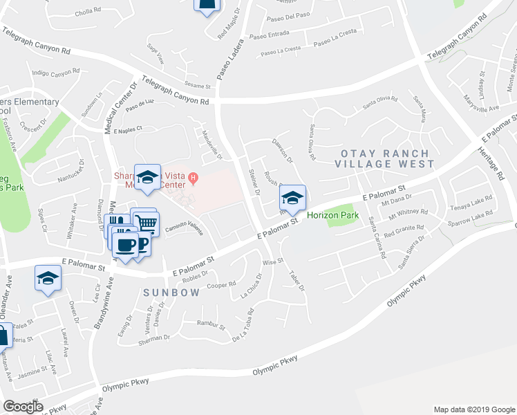 map of restaurants, bars, coffee shops, grocery stores, and more near 1334 Steiner Drive in Chula Vista