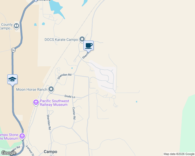 map of restaurants, bars, coffee shops, grocery stores, and more near 1206 Coast Oak Trail in Campo