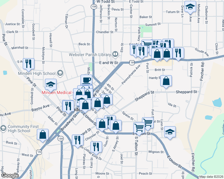 map of restaurants, bars, coffee shops, grocery stores, and more near 115 4th Street in Minden