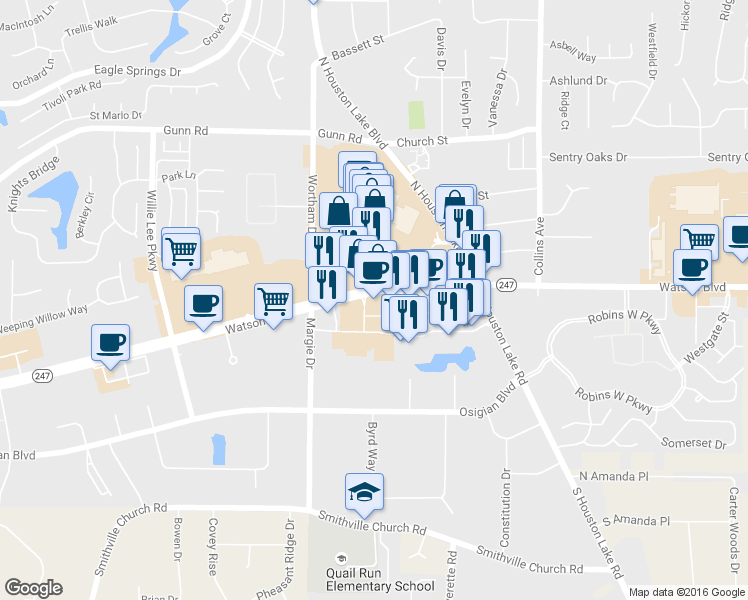 map of restaurants, bars, coffee shops, grocery stores, and more near 2971 Watson Blvd in Warner Robins