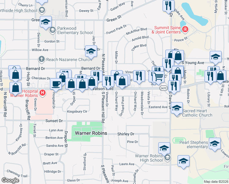 map of restaurants, bars, coffee shops, grocery stores, and more near 223 Greenway Drive in Warner Robins