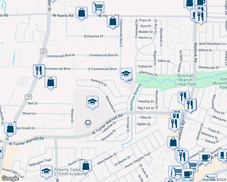 map of restaurants, bars, coffee shops, grocery stores, and more near 7922 Beef Creek Drive in Arlington