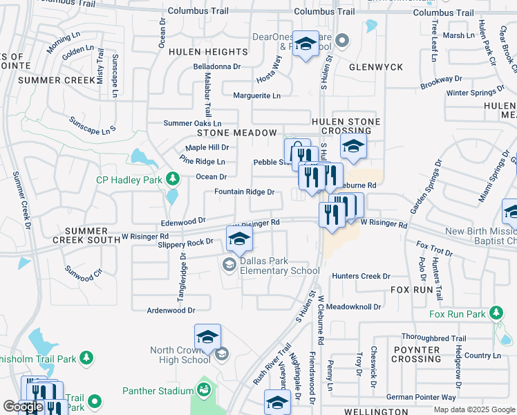 map of restaurants, bars, coffee shops, grocery stores, and more near 4516 Shady Hollow Drive in Fort Worth