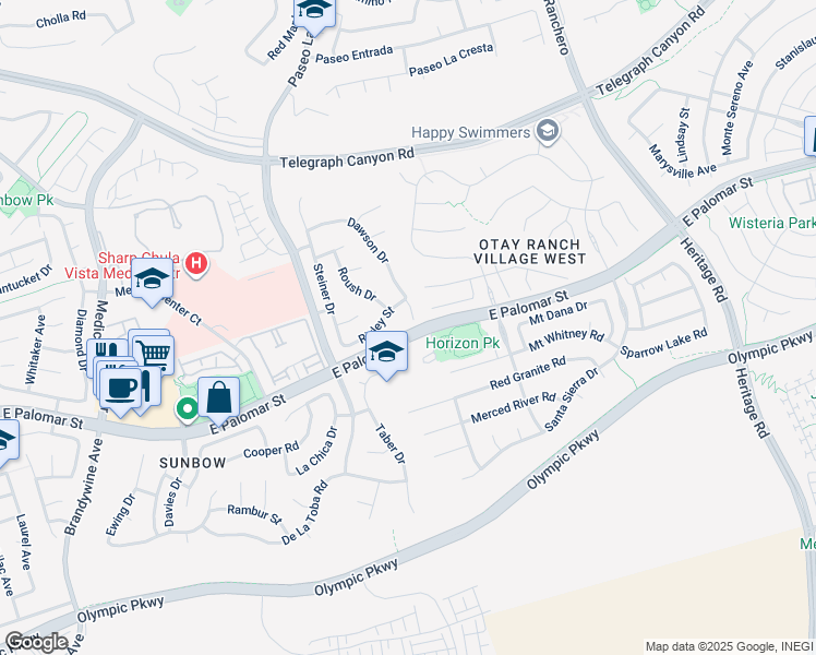 map of restaurants, bars, coffee shops, grocery stores, and more near 1350 Dawson Drive in Chula Vista