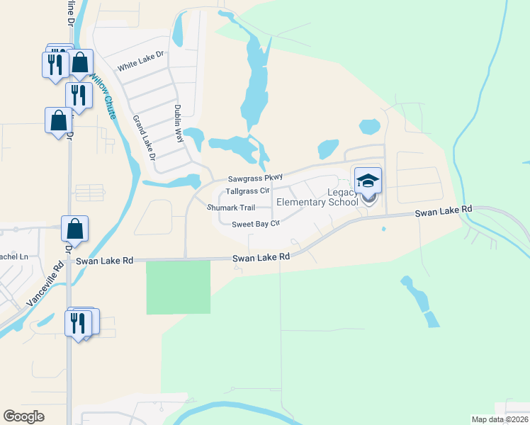 map of restaurants, bars, coffee shops, grocery stores, and more near 2234 Shumark Trail in Bossier City