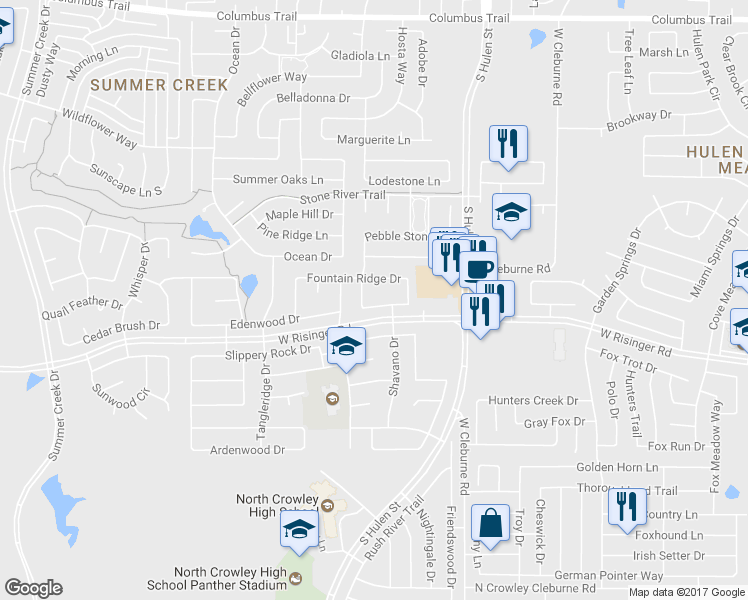 map of restaurants, bars, coffee shops, grocery stores, and more near 4505 Shady Hollow Drive in Fort Worth