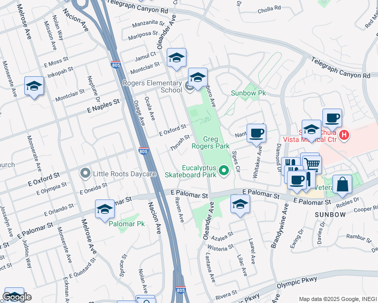 map of restaurants, bars, coffee shops, grocery stores, and more near 1286 Waxwing Lane in Chula Vista