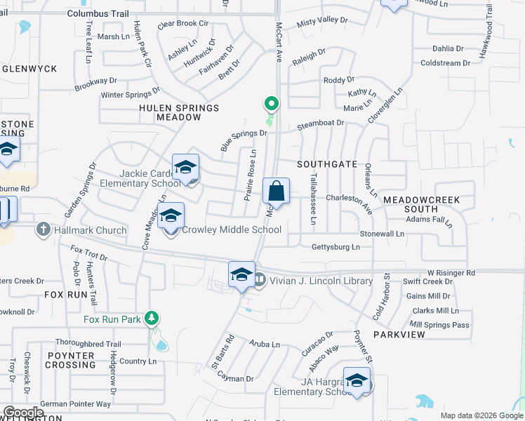 map of restaurants, bars, coffee shops, grocery stores, and more near 8517 Clearbrook Drive in Fort Worth