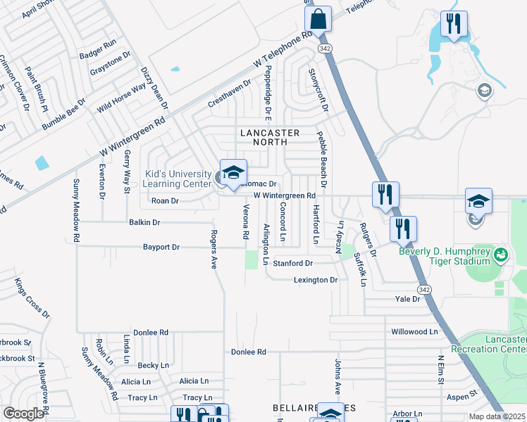map of restaurants, bars, coffee shops, grocery stores, and more near 2641 Arlington Lane in Lancaster