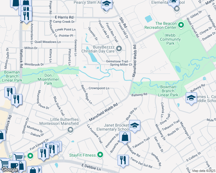map of restaurants, bars, coffee shops, grocery stores, and more near 617 Crownpoint Lane in Arlington