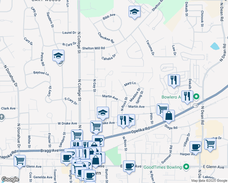 map of restaurants, bars, coffee shops, grocery stores, and more near 621 Center Place in Auburn