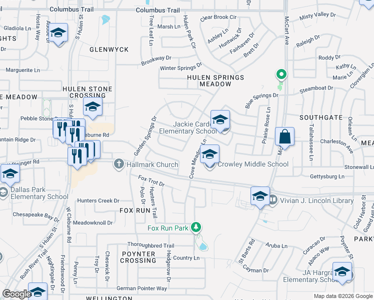 map of restaurants, bars, coffee shops, grocery stores, and more near 8571 Miami Springs Drive in Fort Worth