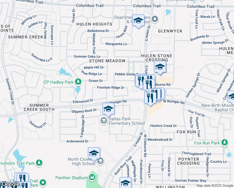map of restaurants, bars, coffee shops, grocery stores, and more near 4505 Shady Hollow Drive in Fort Worth