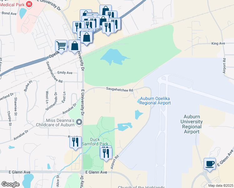 map of restaurants, bars, coffee shops, grocery stores, and more near 1812 Saugahatchee Rd in Auburn