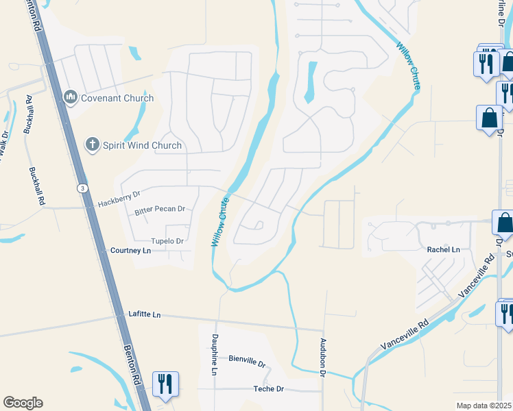 map of restaurants, bars, coffee shops, grocery stores, and more near 364 Coppice Place in Bossier City
