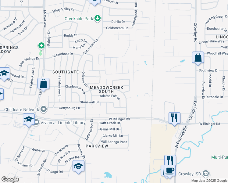map of restaurants, bars, coffee shops, grocery stores, and more near 2728 Adams Fall Lane in Fort Worth