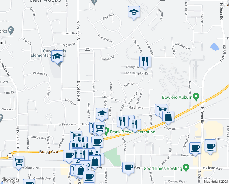 map of restaurants, bars, coffee shops, grocery stores, and more near 386 Jason Court in Auburn