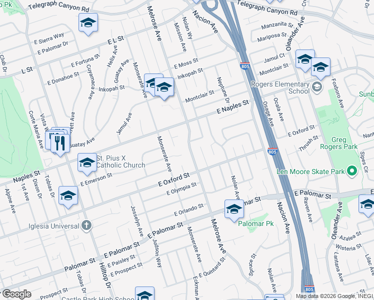 map of restaurants, bars, coffee shops, grocery stores, and more near 1166 Melrose Avenue in Chula Vista