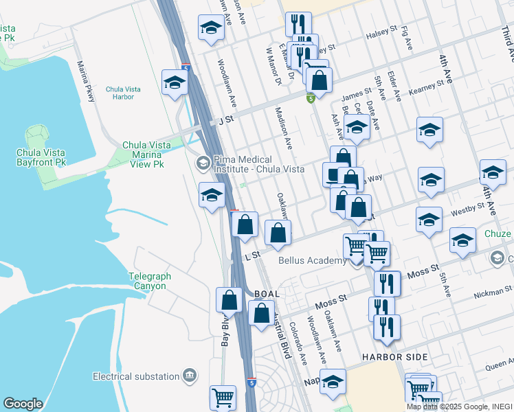 map of restaurants, bars, coffee shops, grocery stores, and more near 843 Colorado Avenue in Chula Vista