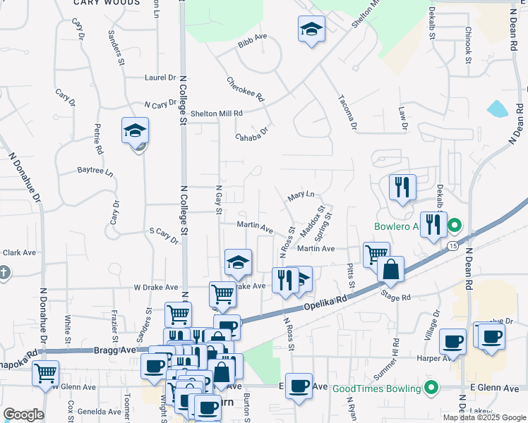 map of restaurants, bars, coffee shops, grocery stores, and more near 621 Center Place in Auburn