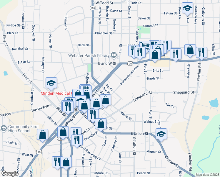 map of restaurants, bars, coffee shops, grocery stores, and more near 113 3rd Street in Minden