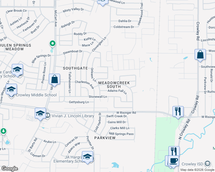 map of restaurants, bars, coffee shops, grocery stores, and more near 2820 Adams Fall Lane in Fort Worth