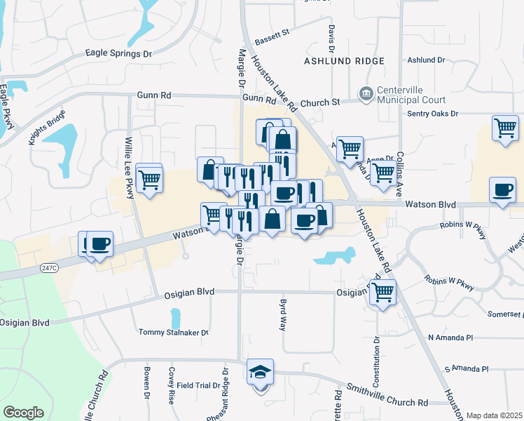 map of restaurants, bars, coffee shops, grocery stores, and more near 2972 Watson Boulevard in Centerville