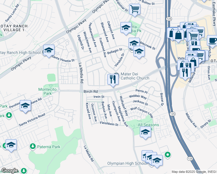 map of restaurants, bars, coffee shops, grocery stores, and more near 1670 Hillsborough Street in Chula Vista