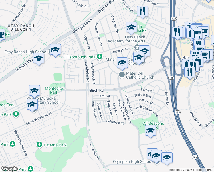map of restaurants, bars, coffee shops, grocery stores, and more near 1631 Castaic Place in Chula Vista