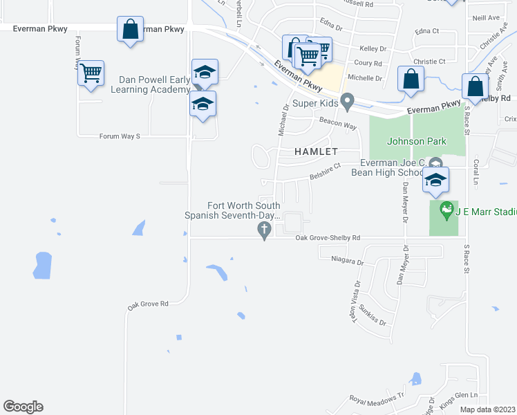map of restaurants, bars, coffee shops, grocery stores, and more near 1768 Farleigh Court in Fort Worth