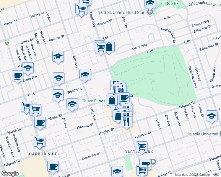 map of restaurants, bars, coffee shops, grocery stores, and more near 340 Moss Street in Chula Vista