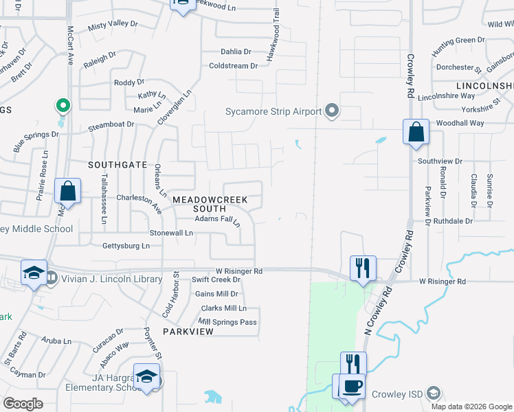map of restaurants, bars, coffee shops, grocery stores, and more near 2400 Kitty Hawk Lane in Fort Worth