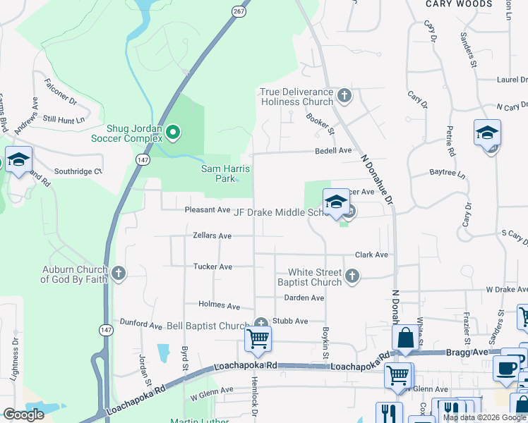 map of restaurants, bars, coffee shops, grocery stores, and more near 732 Ellis Street in Auburn