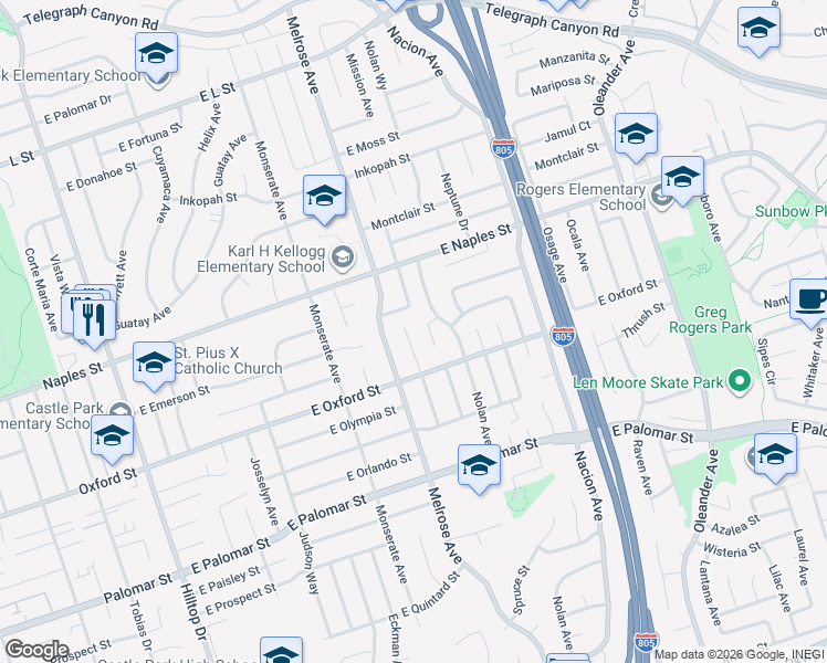 map of restaurants, bars, coffee shops, grocery stores, and more near 1179 Monterey Place in Chula Vista