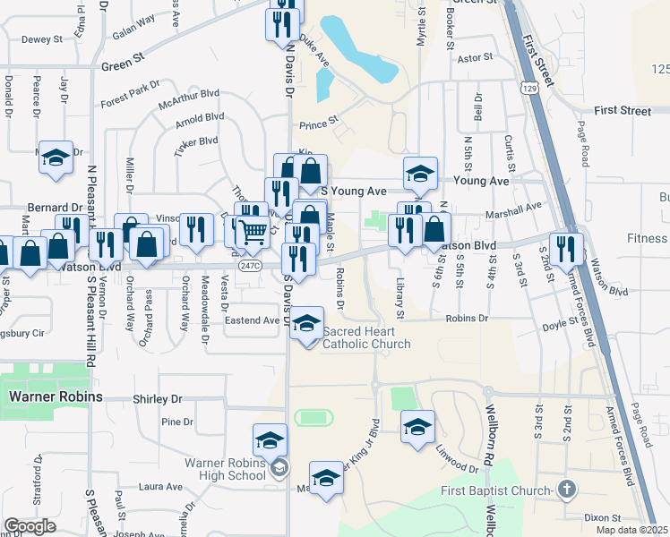 map of restaurants, bars, coffee shops, grocery stores, and more near 951 Watson Boulevard in Warner Robins