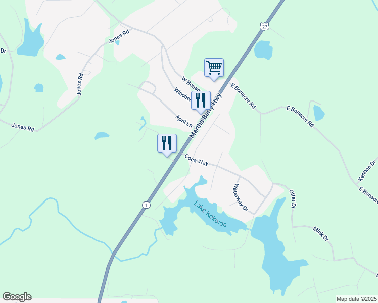 map of restaurants, bars, coffee shops, grocery stores, and more near 44 Pintail Drive in Cataula